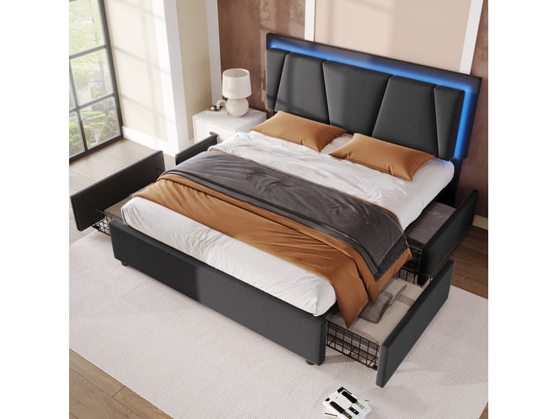  Lit coffre 2 places 160x200 cm, sans matelas, bois gris, tête de lit ajustable, sommier à lattes, 4 tiroirs, doté de led intégré  - Conforama E