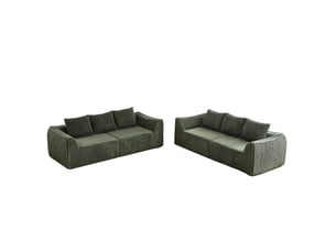 Canapé droit minimaliste en velours côtelé, lignes courbes, dossier incliné, 6 coussins, vert