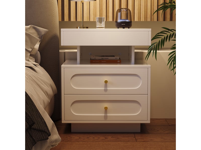  Table de chevet avec led, 2 tiroirs et rangement ouvert, blanc, 50×40×60 cm  - Conforama B