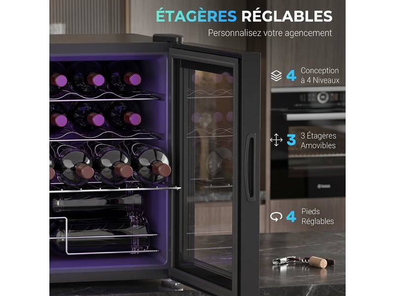 Cave à vin 16 bouteilles 42l, réfrigérateur à vin et boissons avec température réglable 5-18°c, noir, porte en verre - Conforama R