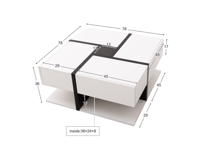  Table basse brillante - 4 tiroirs, combinaison de couleurs et design linéaire uniques, espace de rangement en dessous.78x78x36cm  - Conforama D