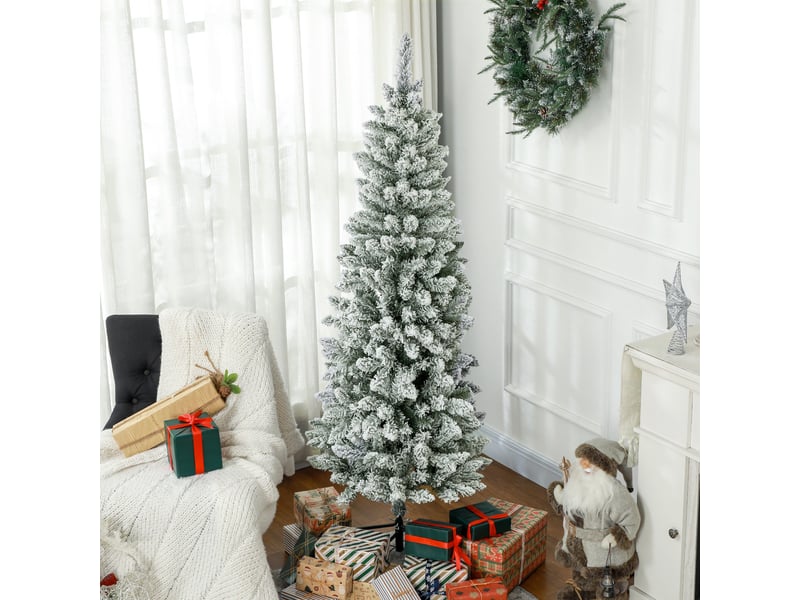  Albero di natale 182.88cm con 479 rami innevati, design alto e stretto con base pieghevole, verde  - Conforama B