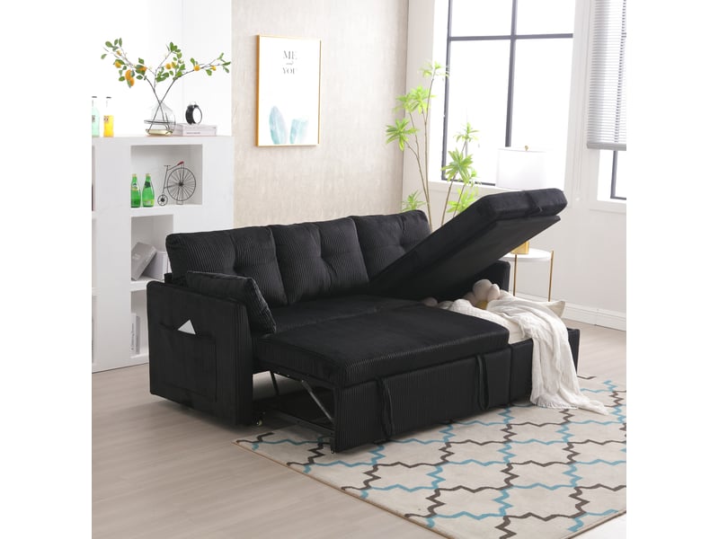  Canapé d'angle convertible modenvie 3 places modulaire avec coffre, chaise longue réversible, velours côtelé noir, 206 x 108 x 66 cm  - Conforama B