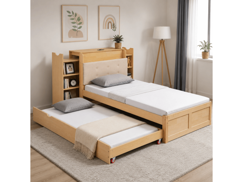 Lit escamotable bois massifmdf 90×200–180×200 cm convertible en lit simpledouble tête de lit bibliothèque roulettes - Conforama D