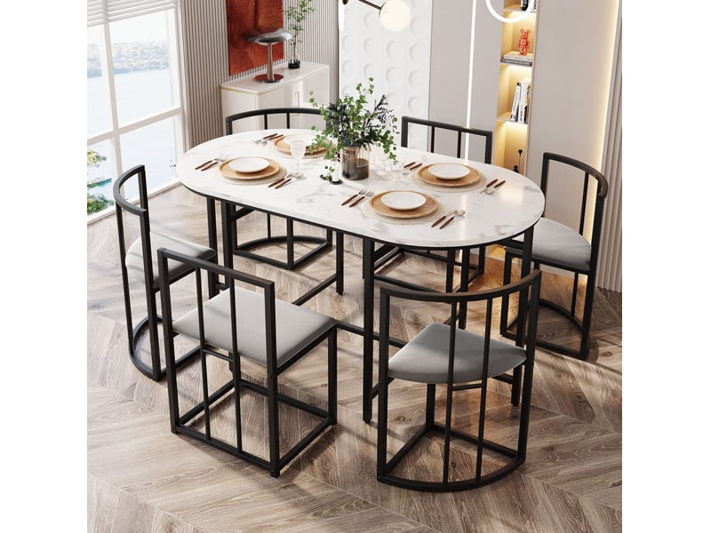 Ensemble de table et 6 chaises moderne blanc, gris et noir en mdf et métal, assises en velours pour vos repas - Conforama B