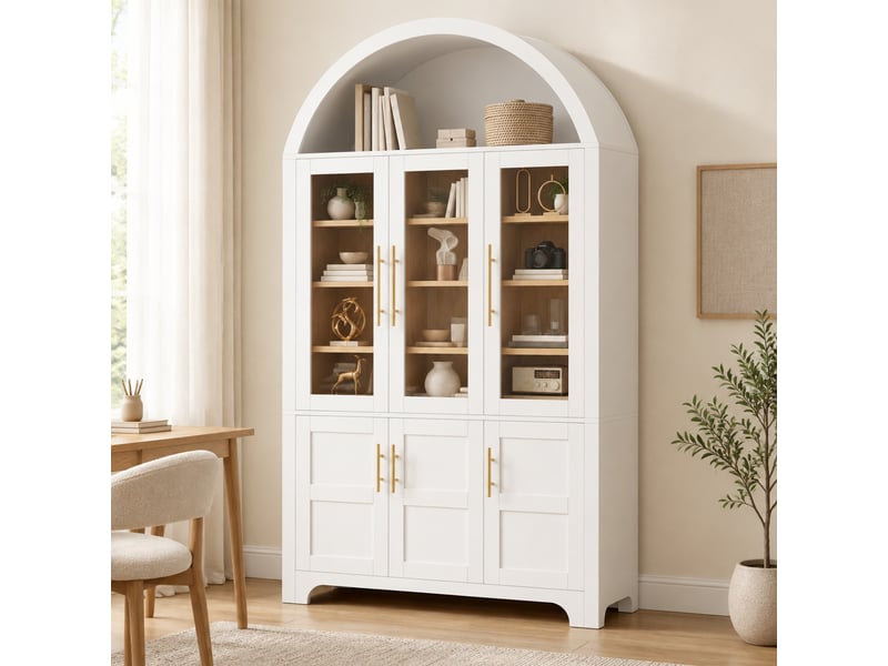  Buffet vitrine 110x40x185 cm avec niche ouverte et portes vitrées en mdf blanc  - Conforama C