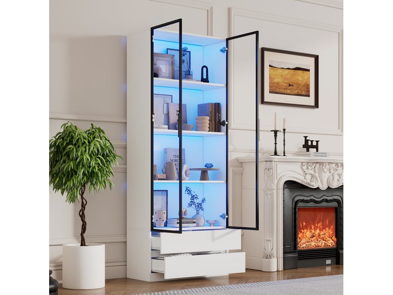  Vitrine haute 80x34x200 cm à led, 2 portes vitrées et 2 tiroirs, blanc  - Conforama E