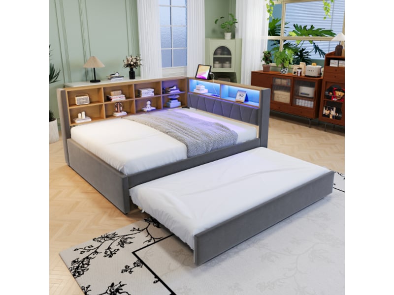 Canapé-lit 140x200 cm flanelle gris avec tiroir-lit, led, usb-c et rangements intégrés  - Conforama B