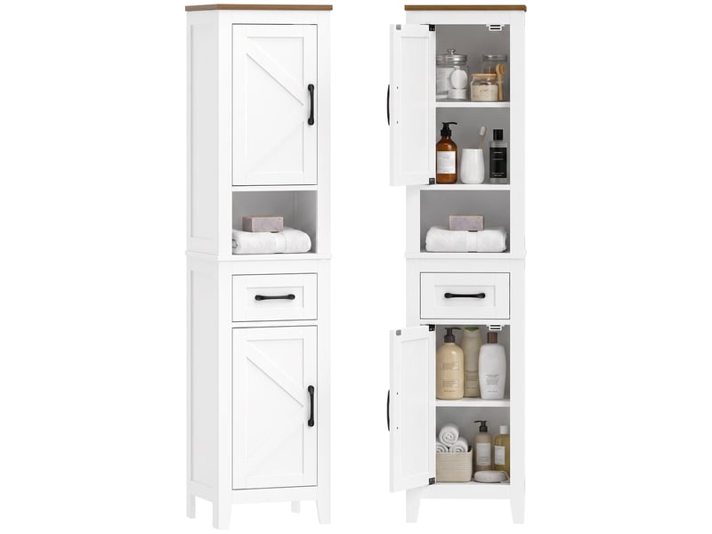 Meuble de salle de bain haut et étroit de style campagnard avec tiroir, compartiment ouvert, portes et étagères réglables, 34,5 x 30 x 148 cm, blanc - Conforama A