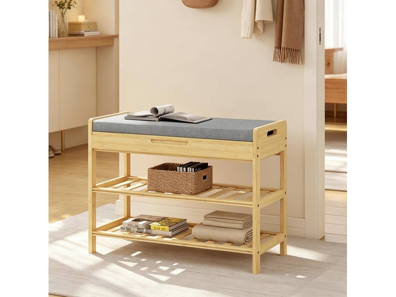  Banc de rangement à chaussures avec assise rembourrée, 2 étagères et compartiment caché, en bambou et lin gris, 68 × 30 × 50 cm  - Conforama B