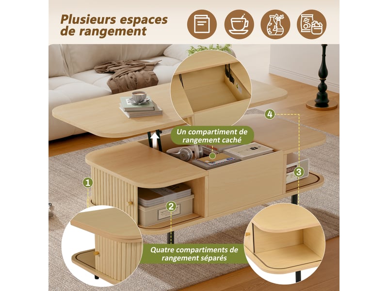 Table basse mdf effet bois naturel 101x51x52,5 cm, relevable, 2 portes à rideau et 4 pieds, charge 75 kg, fonction bureau - Conforama D