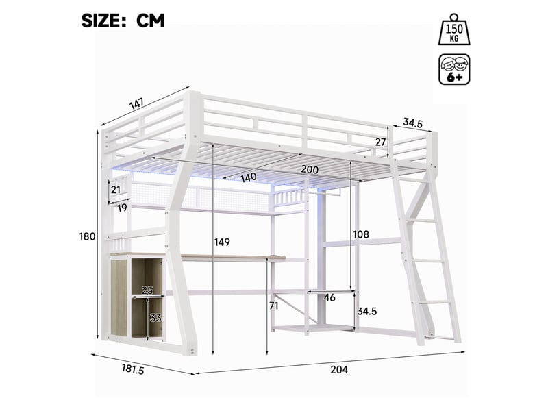  Lit mezzanine 140 × 200 cm 2 places avec led réglable, prise, bureau et rangement, sans matelas, métal blanc  - Conforama D