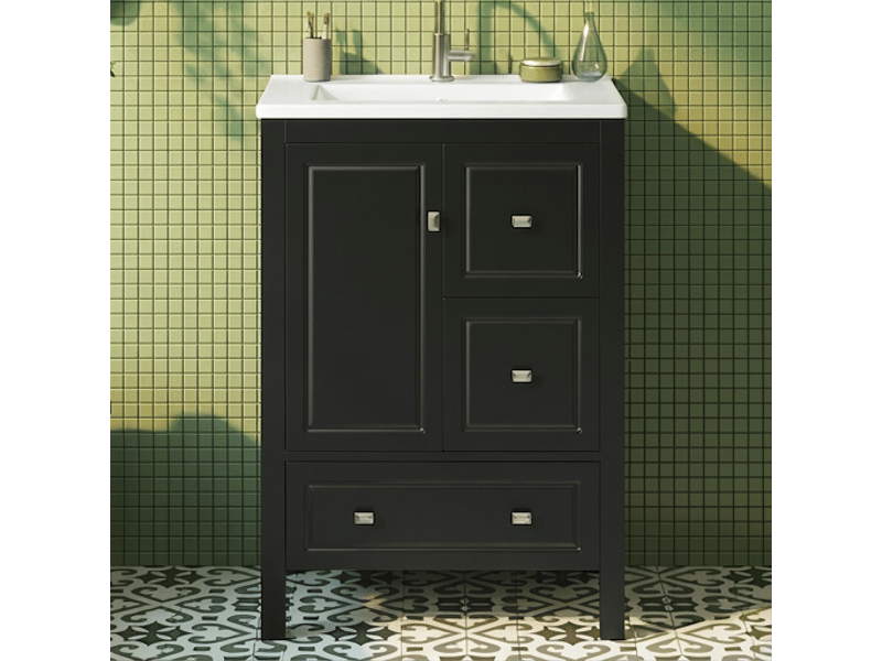  Meuble salle de bain sur pied noir 62 cm avec vasque en céramique et 3 tiroirs  - Conforama B