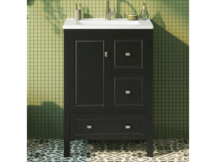 Meuble salle de bain sur pied noir 62 cm avec vasque en céramique et 3 tiroirs