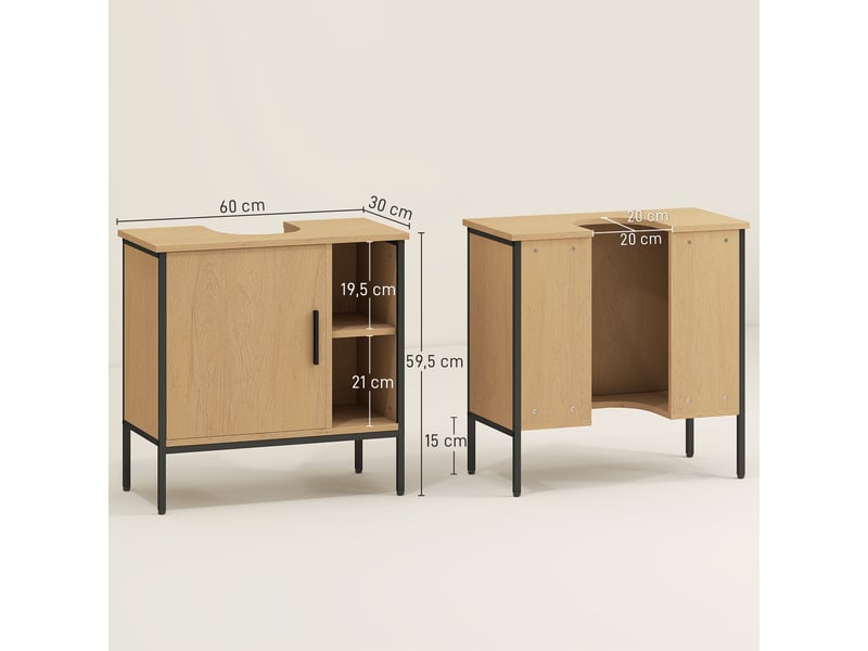  Meuble sous-évier avec porte et étagère réglable pour lavabo sur pied 60 x 30 x 59,5 cm chêne  - Conforama E