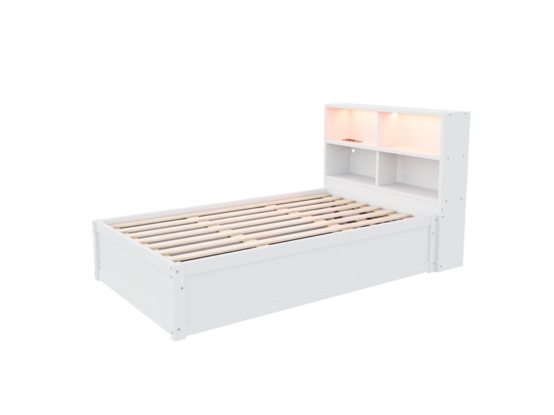  Lit banquette en bois massif 90*200 cm blanc, prise multiple, 4 rangements, led et hydraulique  - Conforama A