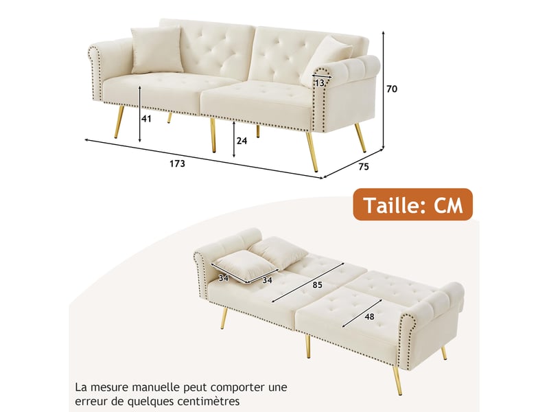 Canapé convertible modenvie 2 places en velours beige 173 x 75 x 70 cm dossier réglable  - Conforama C