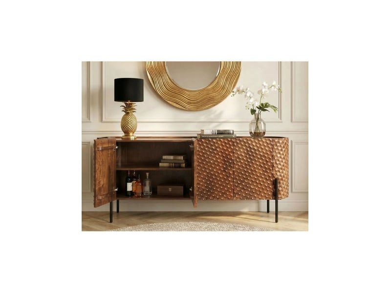  Buffet noara 178 cm en bois de manguier marron – 4 portes aux façades sculptées en alvéoles  - Conforama D
