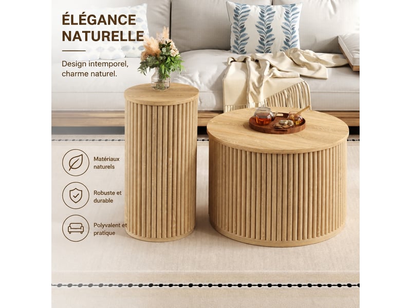  Ensemble de 2 tables basses rondes en mdf naturel avec relief vertical, ø 60 et 30 cm  - Conforama D