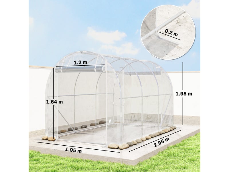 Serre tunnel 2 x 3 x 2 m avec portes sectionnelles, structure en acier et bâche en polyéthylène anti-uv, transparente - Conforama E