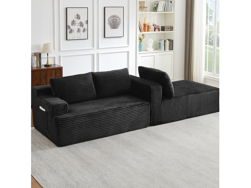 Canapé d’angle modulable 4 places en velours côtelé noir  - Conforama R
