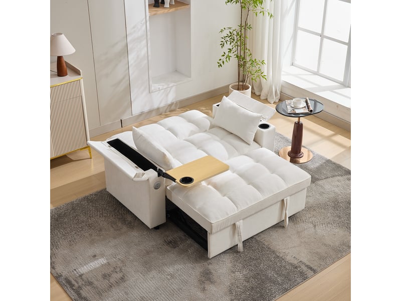Canapé-lit 3 en 1 140x74 cm | dossier réglable | table porte-gobelets | ports usb cachés | beige – chambre - Conforama D