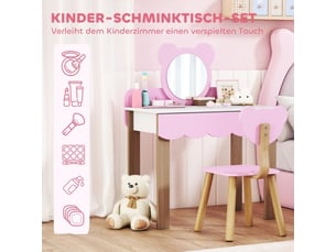 Coiffeuse enfant rose avec tabouret, miroir maquillage, forme ours, tiroir, mdf
