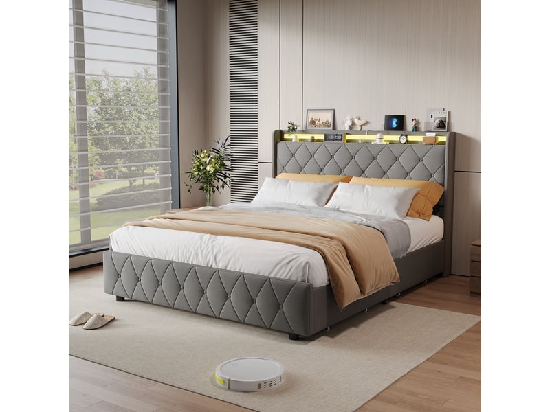  Lit double 140 x 200 cm gris – velours moelleux, tête de lit avec étagère &amp; veilleuse led, ports usbtype-c &amp; 4 tiroirs  - Conforama C