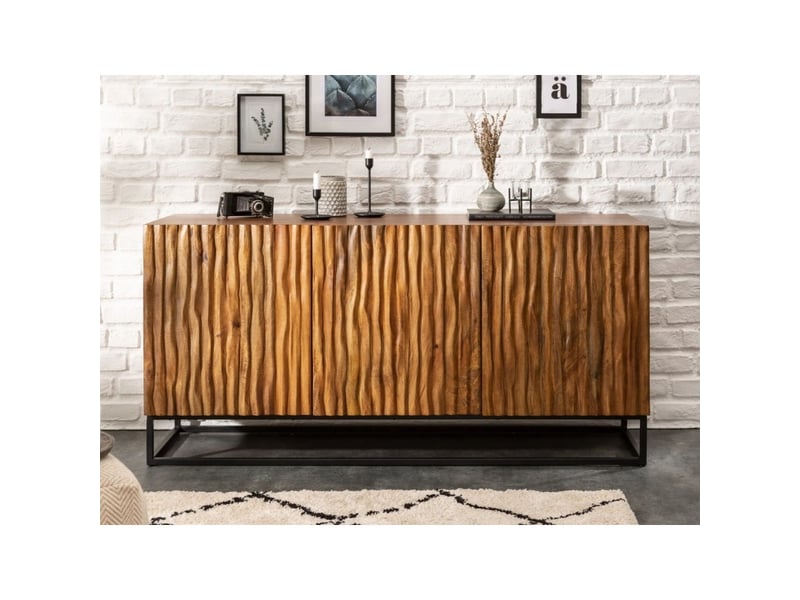  Buffet orkan 160 cm en bois massif de manguier sculpté – 3 portes et piètement noir  - Conforama D