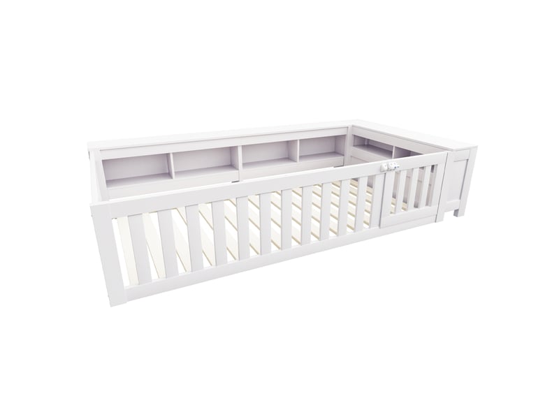  Lit enfant avec rangements, bois massif blanc, 90x200 cm, barrières intégrales, portillon et sommier  - Conforama E