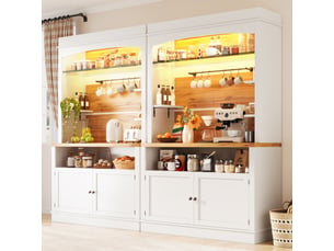 Ensemble de 2 buffets hauts blancs de 184 cm avec éclairage led, étagère en verre et patère, charge maximale 60 kg