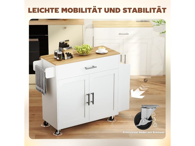 Desserte de cuisine sur roulettes avec plateau rabattable, 2 portes 1 tiroirs, 120x68x85 cm blanche - Conforama D