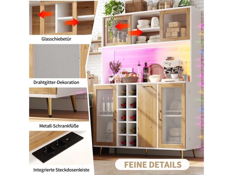  Buffet de cuisine blanc et décor bois, 120x40x180 cm, mdf, led, prise intégrée, casier à bouteilles et rangements  - Conforama D