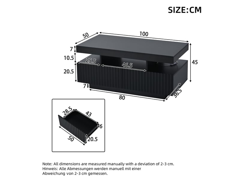 Table basse rectangulaire noir avec 2 tiroirs - 50x100 cm led panneau de particules table basse noir - Conforama C
