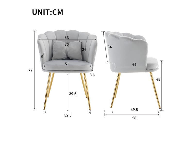 Chaise de salle à manger lot de 6, dossier pétale capitonné, coussins de soutien, pieds métal doré, velours gris - Conforama D