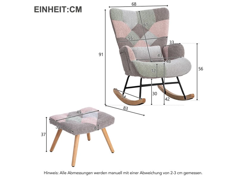  Fauteuil à bascule relax - 68x48x93 cm - avec repose-pieds et coussin lombaire velours pieds bois - multicolore  - Conforama E