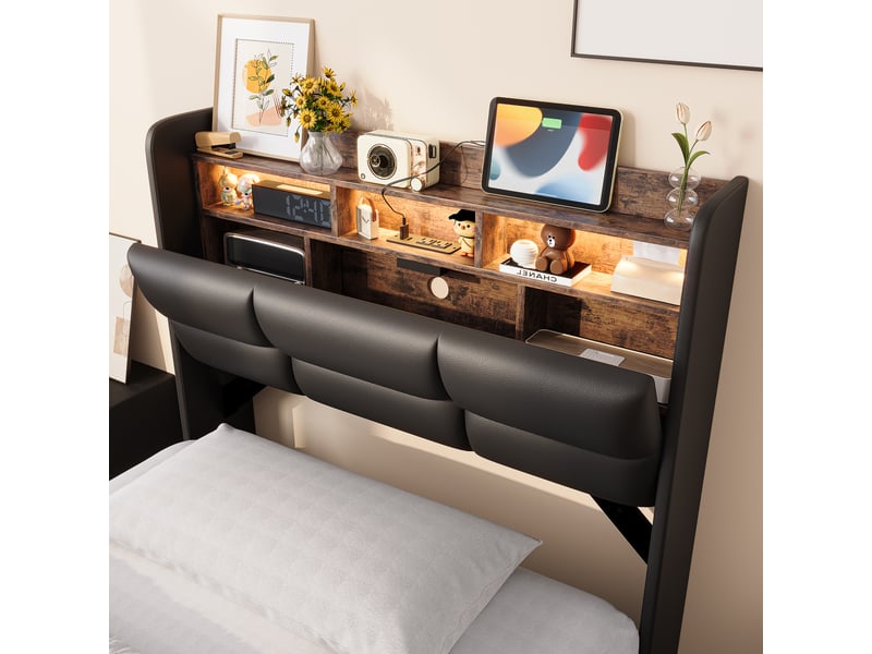  Lit simple coffre 90x200, rangement tête de lit et hydraulique, led tête et pied de lit, ports usb et type-c, revêtement pu noir  - Conforama D