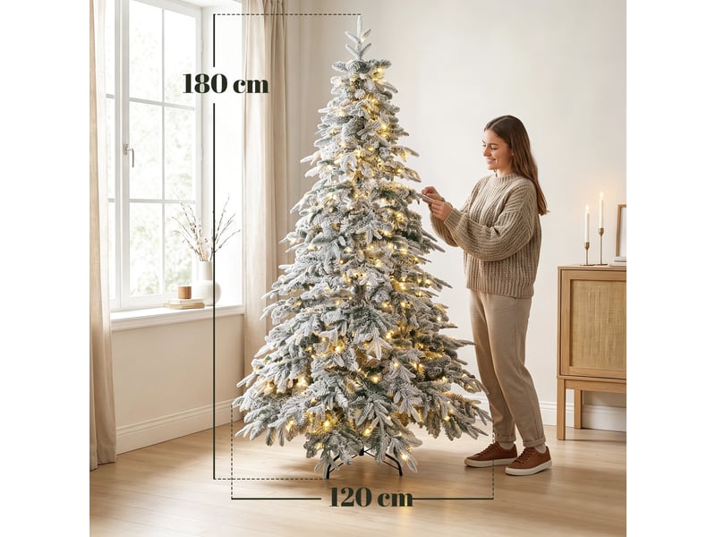  Sapin de noël artificiel enneigé led h.180 cm 350 leds blanc chaud télécommande 8 modes  - Conforama C
