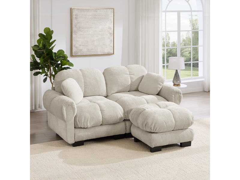 Canapé d’angle 2 places avec ottomane mobile - lpospi - coussins piqués, chenille kaki clair 190 × 149 × 90 cm - Conforama C