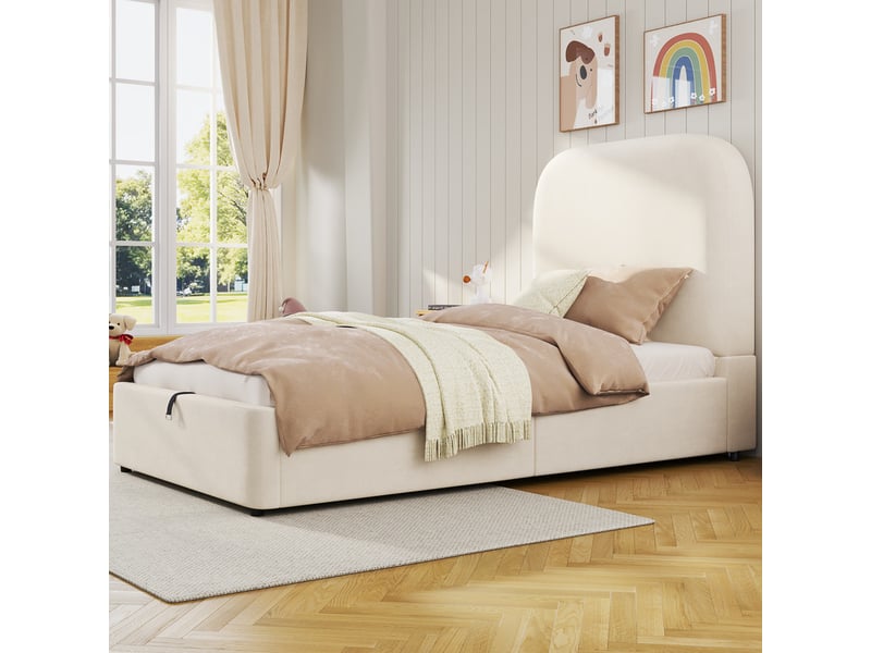 Lit coffre enfant 90x190cm - avec tête de lit rembourrée - avec espace de rangement - tissu bouclé - beige (matelas non inclus) - Conforama E