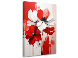 Tableau moderne, fleurs blanches et rouges sur fond rouge vif 60x90