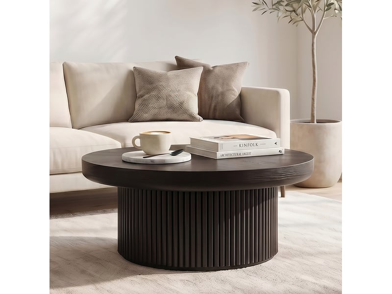  Table basse ronde noire ø 78 x 38,5 cm, plateau à motif parquet et base cannelée  - Conforama B