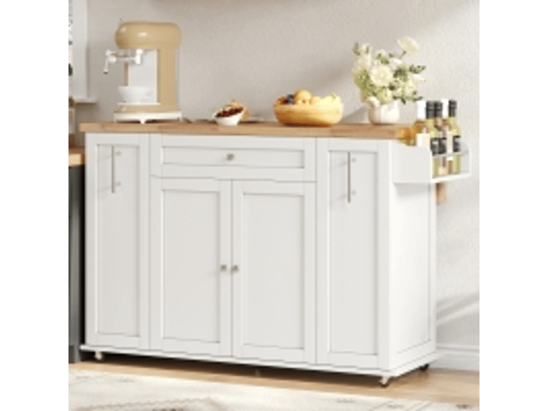 Îlot de cuisine mobile blanc et bois naturel en mdf, plateau rabattable, roulettes verrouillables, 120 × 45 (70) × 87 cm - Conforama E