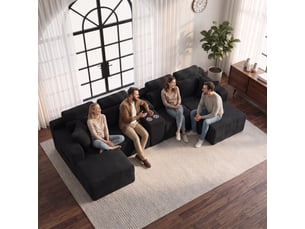Canapé d'angle modulable 6 places en velours côtelé noir, 373,38 x 149,86 x 81,28 cm, forme en u, porte-gobelets, poches latérales, sans armature