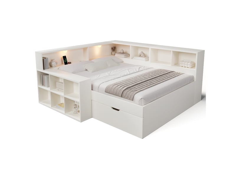 Lit double 140x190 cm blanc avec rangement, tiroir, lampes de lecture et ports usb-c, sans matelas inclus - Conforama A