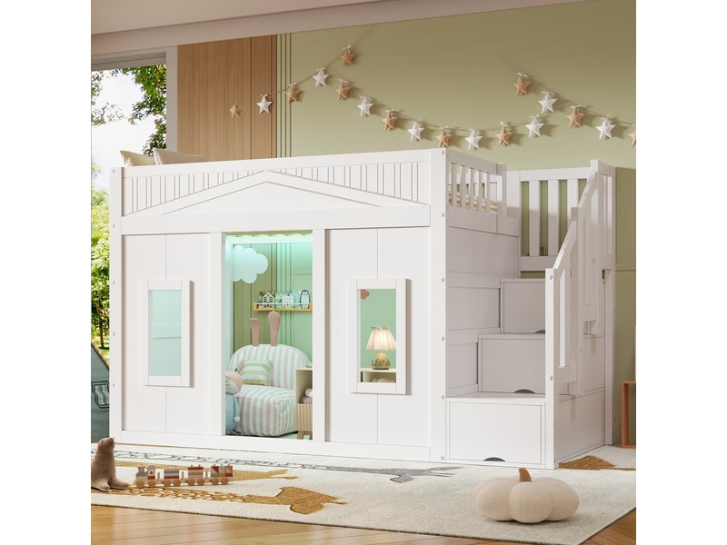  Lit mezzanine 90x200 cm - avec escalier de rangement et barrières de sécurité - éclairage led - design façon fenêtre - mdf - blanc  - Conforama D