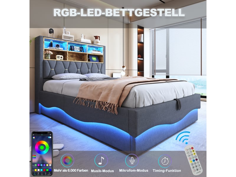  Lit rembourré 140×200 cm avec rangement hydraulique, led pilotable par application, usb, métal et lin gris  - Conforama E