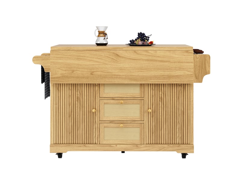  Desserte de cuisine mobile 142,5 x 80 x 95 cm coloris bois clair mdf, plateaux pliants et rangements  - Conforama A