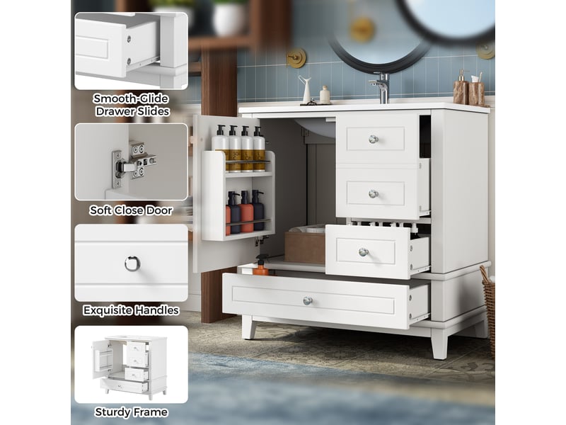  Meuble sous-vasque avec vasque céramique 1 porte 3 tiroirs blanc 81x47x86 cm  - Conforama D