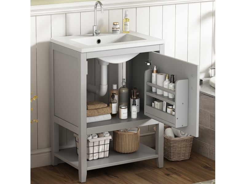 Meuble salle de bain rangement sur pied avec vasque ceramique mdf gris 2 colis homvra - Conforama D